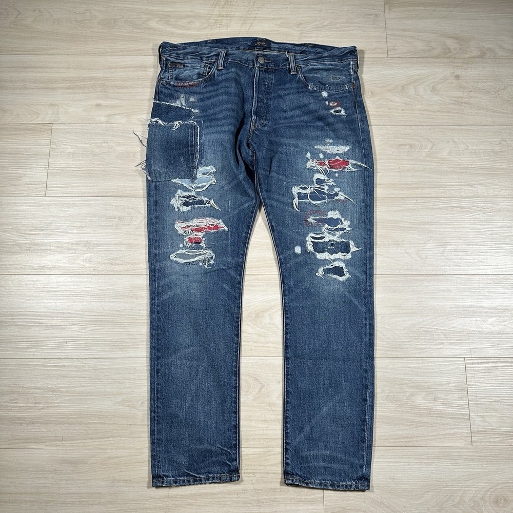 Polo Ralph Lauren Sullivan Slim Distressed Torn Patchwork Denim Jeans 38x32